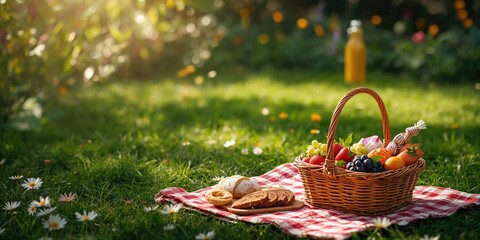 Basket containing assorted fruit and baked items resting on a cloth in a garden, ideal for outdoor dining