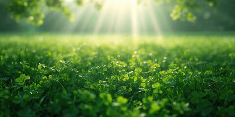 Fototapeta premium Sunlit green clover ground cover serving as natural landscape, Earth Day