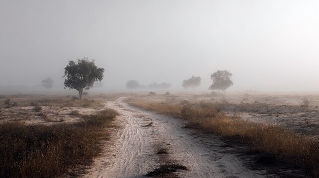 A desolate landscape of fine grit and sand softened by gentle morning mist.
