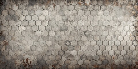 Old gray brown worn vintage shabby damask patchwork hexagonal motif tiles mosaic stone concrete wall texture background, suitable for layout design