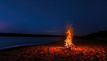 Beachside campfire with sparks ascending into dark sky, highlighting outdoor fire safety measures