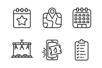 Minimalist line icons for event planning, scheduling, and venue management, suitable for calendars and booking applications.