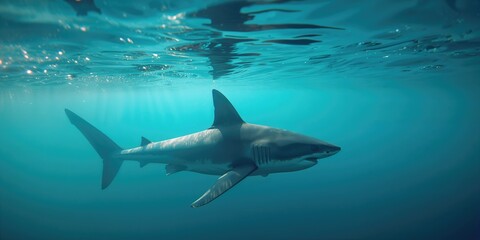 Fototapeta premium Dorsal fin of a large white shark at the waters surface, highlighting predator activity, marine safety awareness