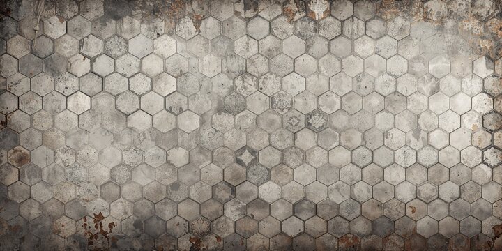 Old gray brown worn vintage shabby damask patchwork hexagonal motif tiles mosaic stone concrete wall texture background, suitable for layout design