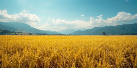 Sunlit rice paddies with mountains in the distance, suitable for landscape photography, World Environment Day