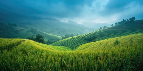 Obraz premium Rice terraces on a hillside illustrating land preservation methods, Earth Day