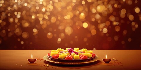 Traditional Diwali treats arranged for celebration, vibrant colors and decorative elements