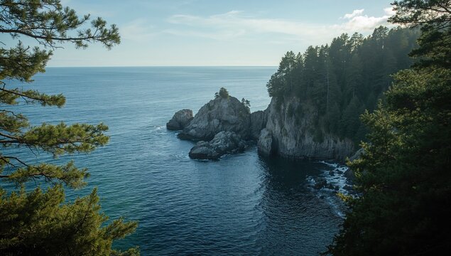 Calm seaside scene with rocks, pine, and spruce trees bordering the Atlantic Ocean, highlighting environmental stability - Powered by Adobe