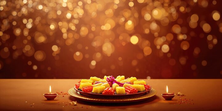 Traditional Diwali treats arranged for celebration, vibrant colors and decorative elements