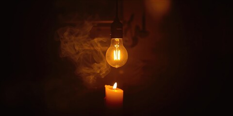 Light bulb with lit candle in background, used as a background element for energy conservation awareness, Earth Day