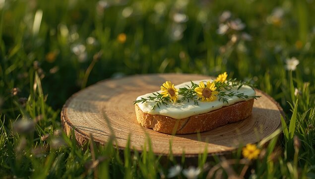 Herb curd topping garnished with Cuckoo Flower on bread, designed as a food styling backdrop