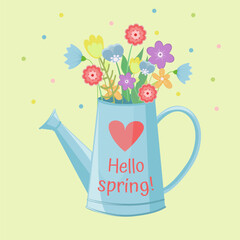 Garden watering can with heart, flowers, hello spring!