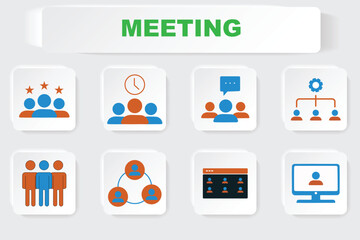 Business Meeting Icons Set, Collaboration Strategy And Teamwork Concepts