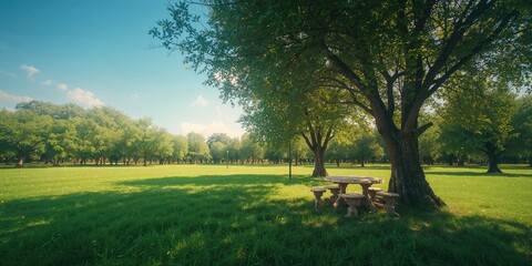 Fototapeta premium Quiet park setting with stone table and chair surrounded by abundant trees, suitable for outdoor activities