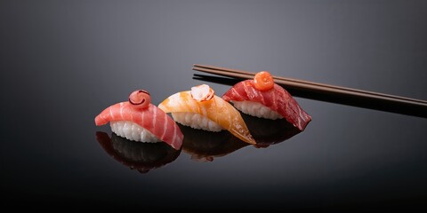 Nigiri sushi arranged on a glossy black surface presentation style, ideal for culinary layout backgrounds