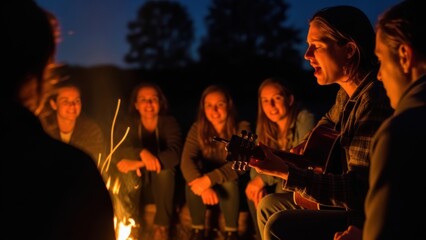 A group of young friends sitting around a campfire at night, one playing guitar and singing.