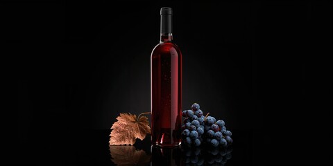 Fototapeta premium Unsealed red wine bottle alongside moist dark blue grapes and dried leaf on a black backdrop, ideal for wine advertisement or packaging