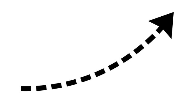 Black dashed curved arrow icon. Upward direction and growth symbol. Minimal dotted graphic element for business, navigation and UI design