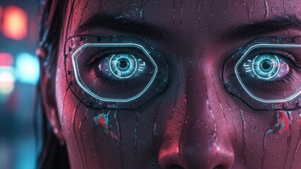A close-up portrait of a woman with illuminated cybernetic eyes and augmented reality glasses.