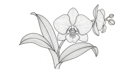 Orchid Flower with Leaves and Buds Line Drawing Black and White Isolated on White Background