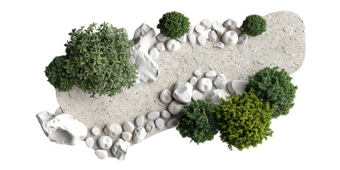 A gravel garden path curves gently through various plants and stones. This cut-out design on a transparent background can be used in landscaping projects or digital art