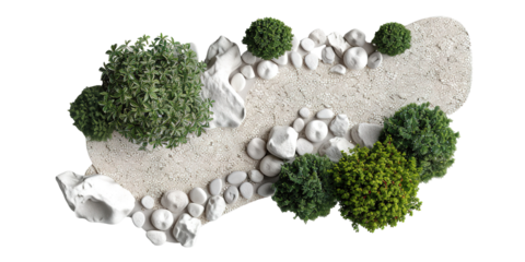 A gravel garden path curves gently through various plants and stones. This cut-out design on a transparent background can be used in landscaping projects or digital art