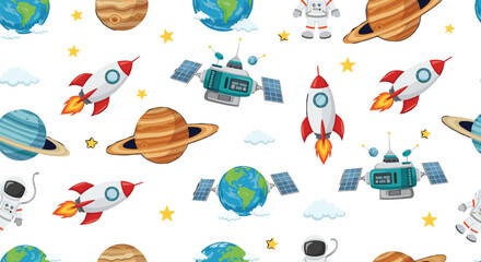 Seamless vector pattern with outer space elements featuring rockets astronauts planets and satellites on white background for children textile wallpaper and educational galaxy design © Rubya