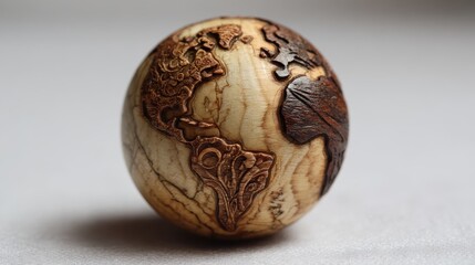 A miniature wooden globe with a carved earth design, symbolizing global awareness, craftsmanship, and connection to the world.
