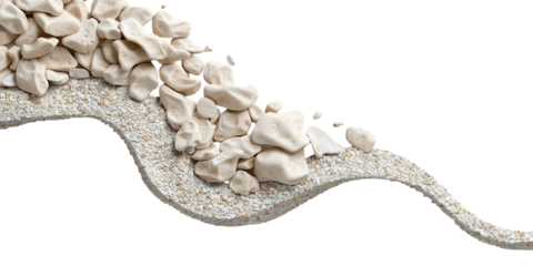 A gravel garden path curves gently across a transparent background. The path features different sizes of gravel, creating a natural look. This element is cut out for graphic use