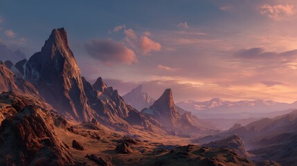 Jagged rock formations spread across a vast mountain landscape at sunset, evoking timeless nature and quiet grandeur.
