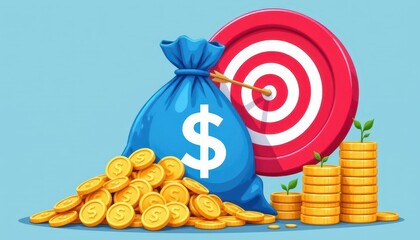Money Bag with Target and Coins Illustrating Financial Success and Investment Goals