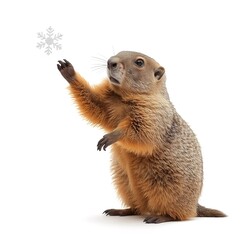 Fototapeta premium Curious Groundhog Reaching for Snowflake in Winter Scene