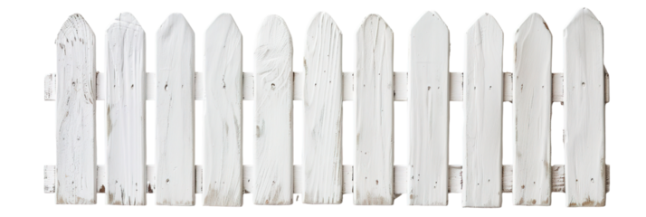 This section of a traditional wooden fence is painted white and features a rustic style. It is isolated on a transparent background, suitable for various design projects