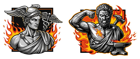 Fototapeta premium Ancient greek gods hermes and hephaestus mascot vector illustration