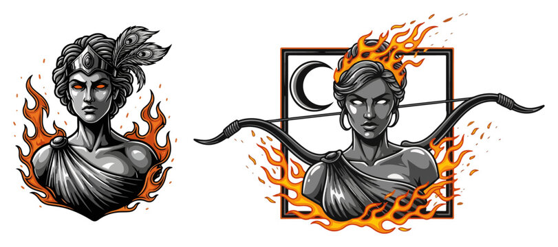 Mythological goddesses of hunt and war set in tattoo engraving style