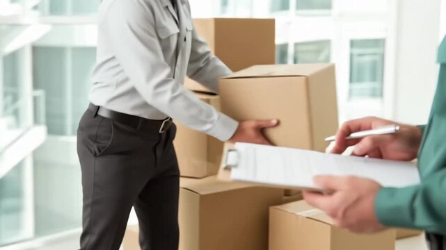 Delivery man carrying boxes while colleague checks inventory list  