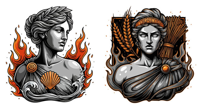 Ancient greek goddesses Demeter and Amphitrite busts with wheat and sea elements