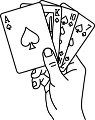 Hand holding playing cards spade royal flush outline CAD drawing flat vector illustration for casino poker game stock