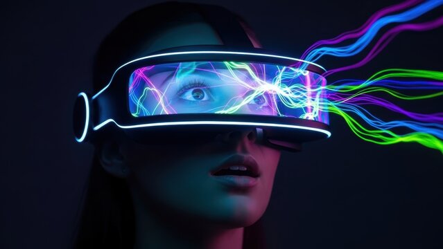A woman wearing a futuristic virtual reality headset with neon light streams. - Powered by Adobe