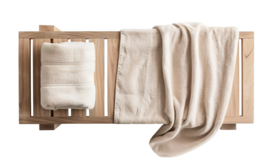 A single teak wood chaise lounge is shown on a transparent background. Soft towels are draped over the lounge, highlighting its natural design and modern look