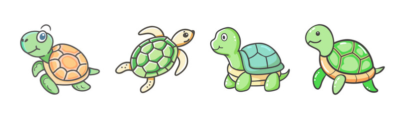 Four cute cartoon turtles with different expressions and colors, isolated on white. © SulaimanIslam