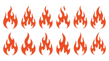 Set of 12 Red Fire Flame Icons in Various Shapes and Sizes symbol