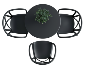 View shows a small black wrought-iron bistro table set with two chairs and a plant on top. The setting is cut out on a transparent background, creating a clean look