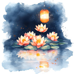 Lotus flowers and lanterns floating on the water, 2D watercolor.