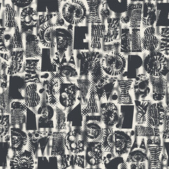 Abstract vector seamless pattern with font consisting of geometric shapes with texture, shells on marine theme. Fabric, textile, t-shirt design, tiles, wallpaper, wrapping paper. No Ai 