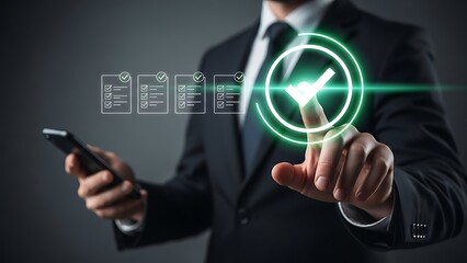 Businessman interacting with futuristic checklist interface on smartphone