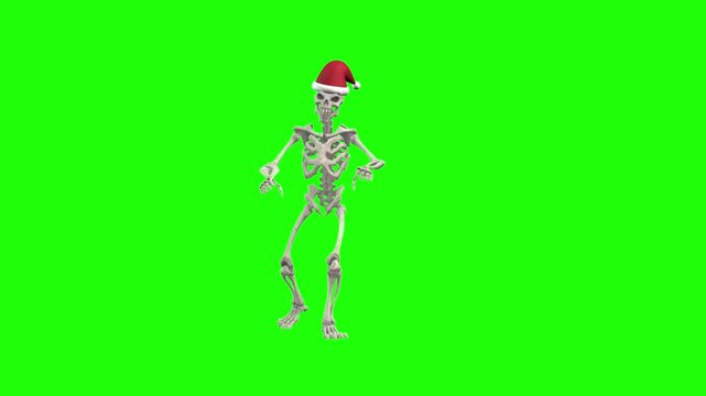 Christmas dance of skeleton with santa claus cap with green screen or chroma key video clip otion