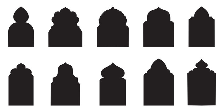 Old mosque windows shape in oriental style. Islamic door set, flat arabic frames or arabian arches silhouette. Muslim architecture geometric design elements, moroccan minimal arcs. Ramadan kareem gate