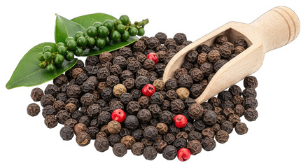 Collection of black, green, and red peppercorns isolated on white background