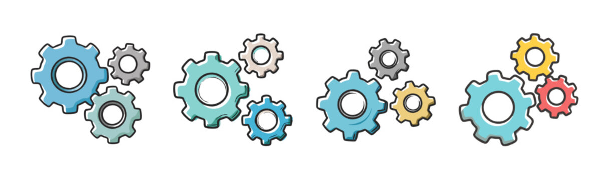 Group of colorful, hand-drawn gears and cogs for industry and teamwork
